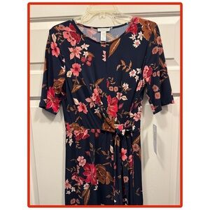London Times Women’s Floral Elbow Sleeve Navy Midi Dress